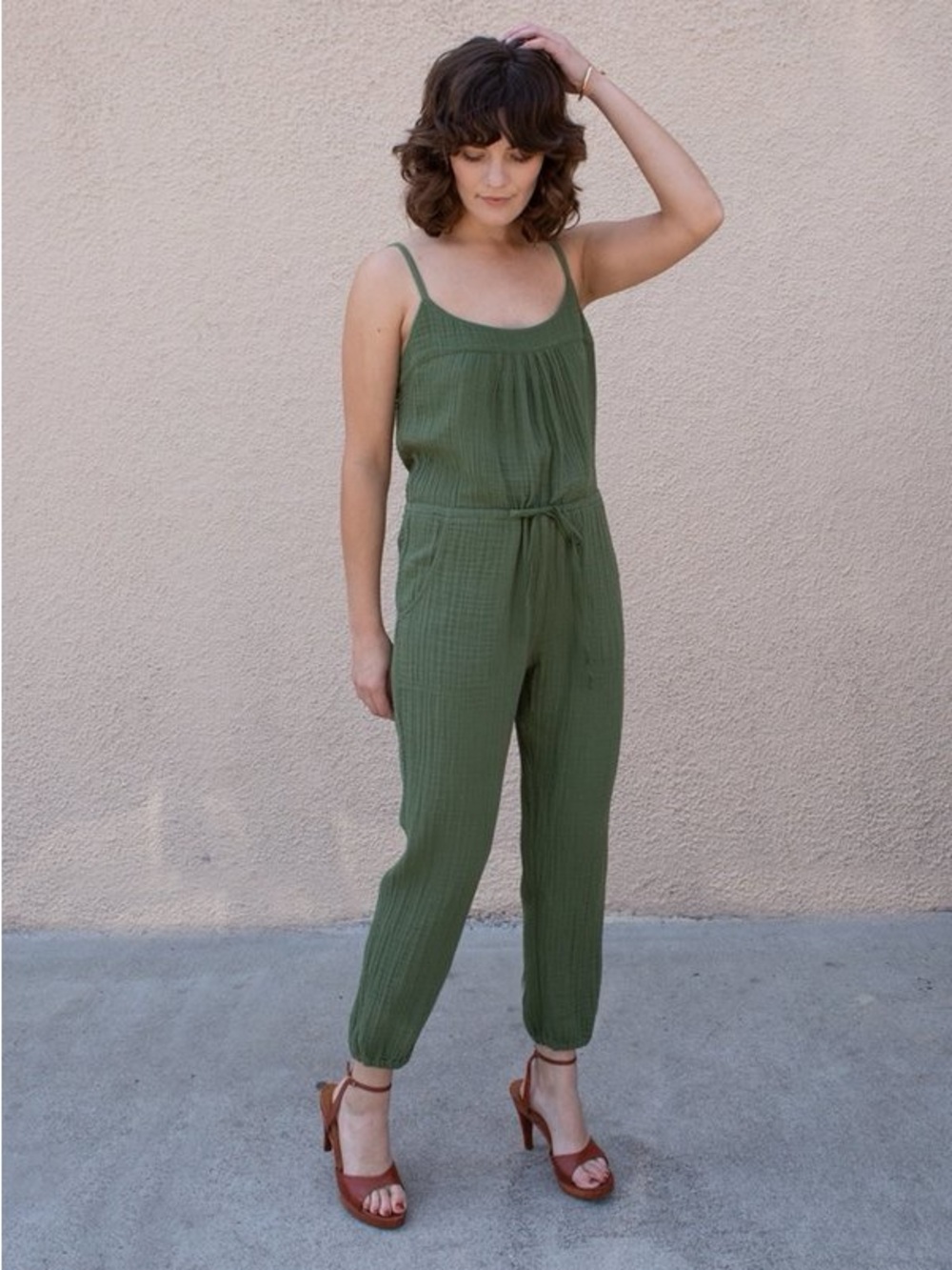 XiRENA Olive Green Sleeveless Gauze Jumpsuit